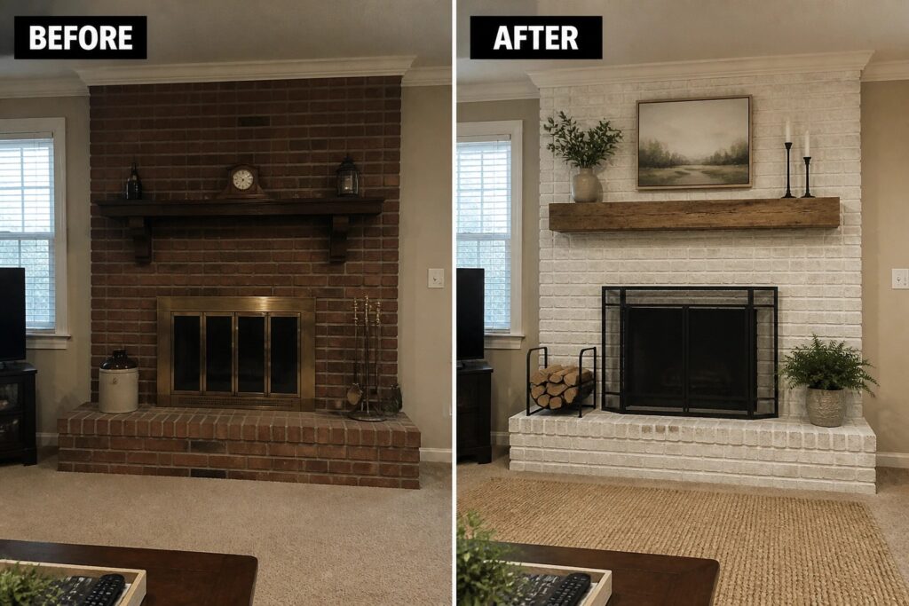 21 Affordable Fireplace Remodel Ideas Using Painted Brick Before-and-after image of a dark brick fireplace updated with white paint and a lighter mantel.