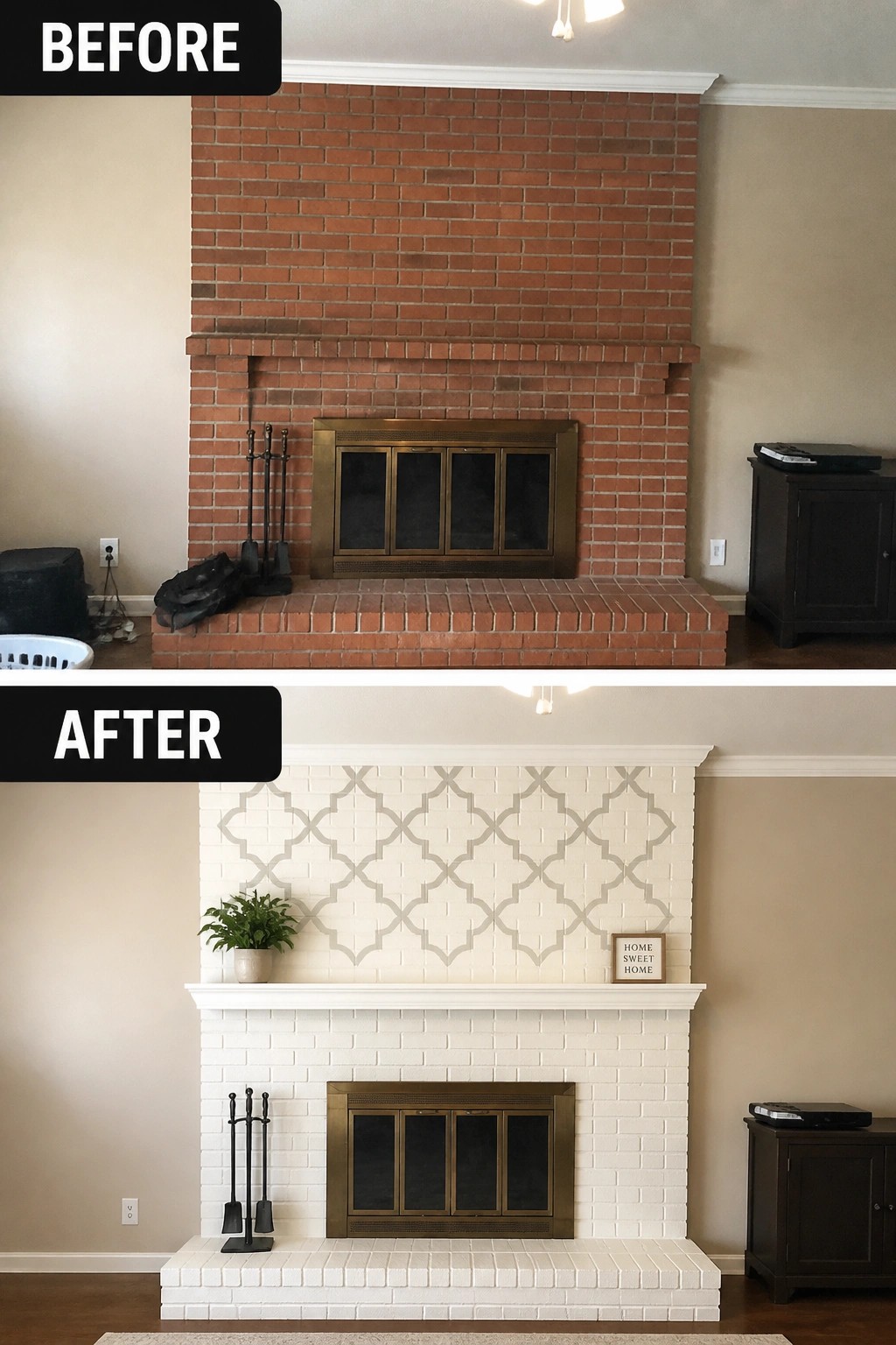 Before and after of red brick fireplace painted white with gray geometric pattern.
