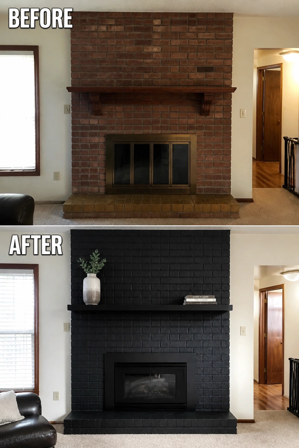 Before and after of brick fireplace repainted black with modern mantel and decor.