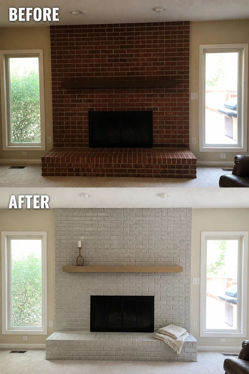 Before-and-after of red brick fireplace painted white with light wood mantel.