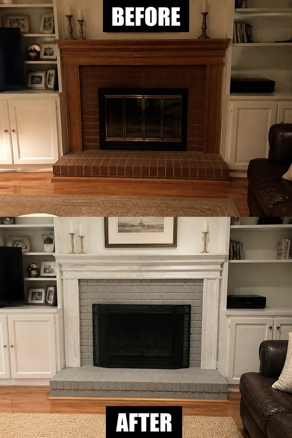 Before and after living room fireplace with new white marble mantel and gray bricks.