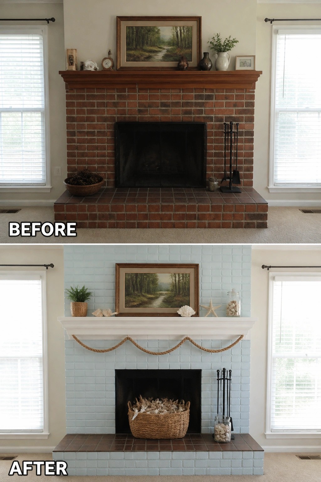 Before and after of brick fireplace painted light blue with new white mantel.