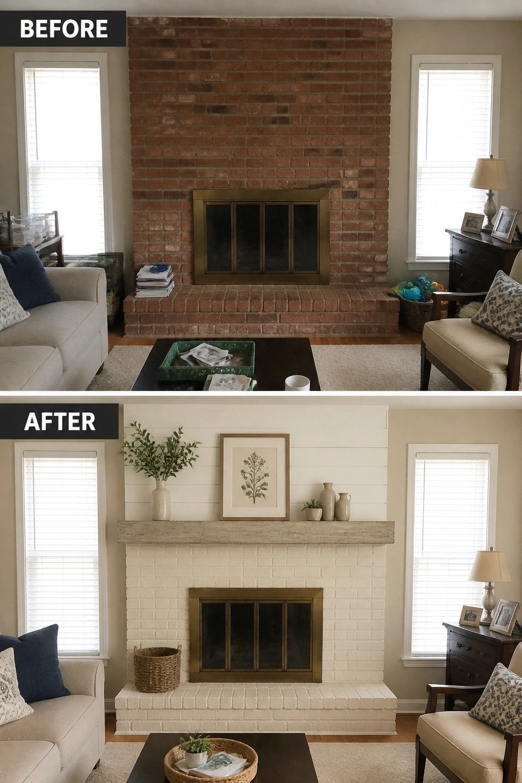 Before and after of red brick fireplace painted white with wooden mantel and decor.