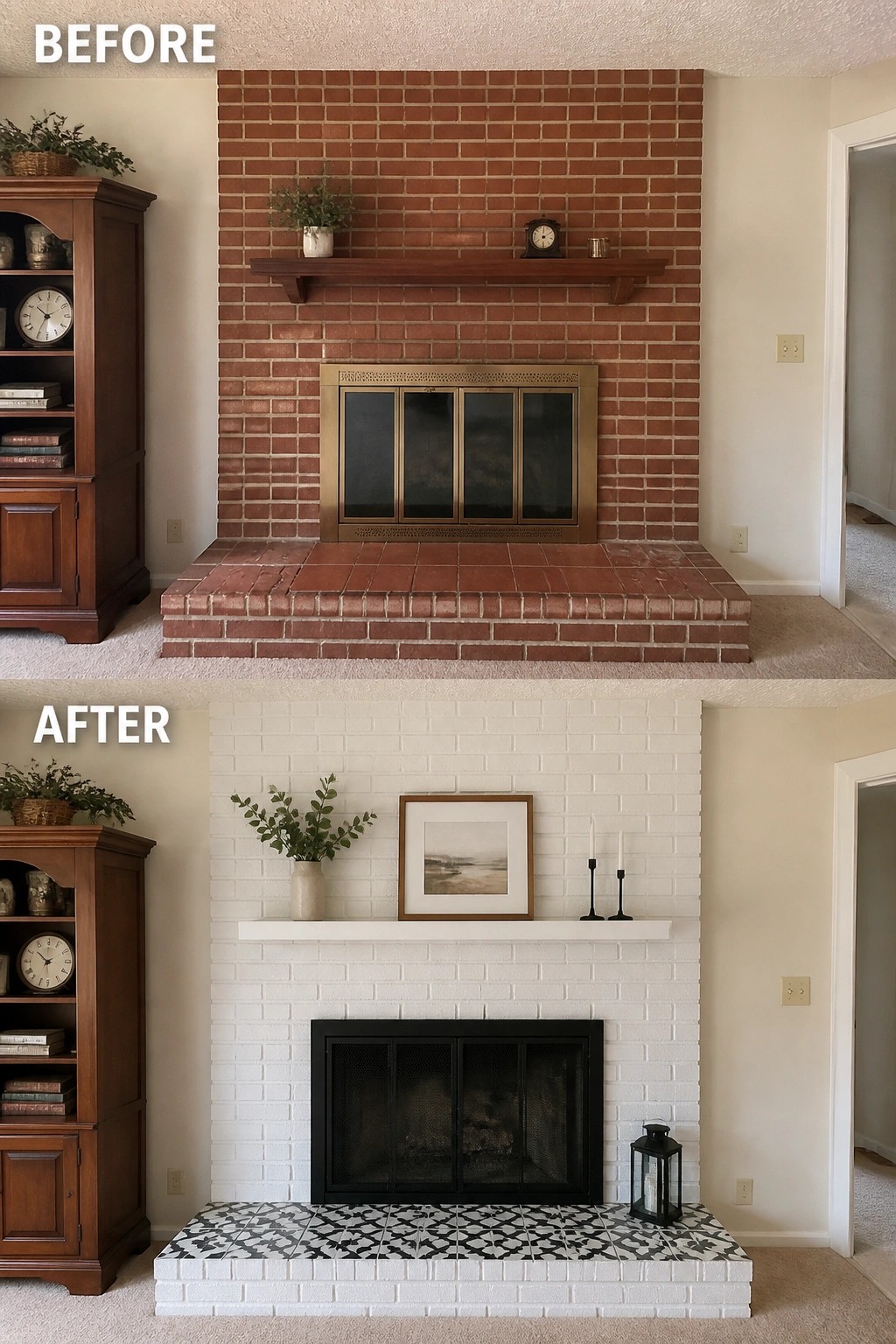 Before-and-after image of a red brick fireplace painted white with a new mantel, black firebox, and patterned tile hearth.