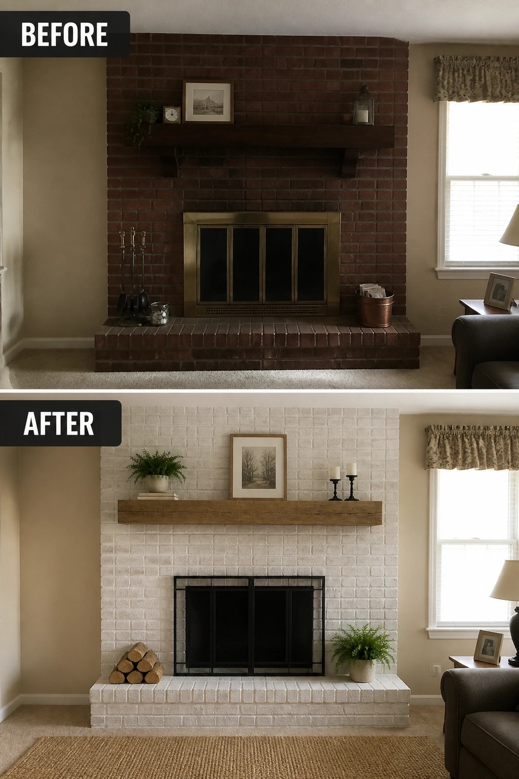 Before-and-after image of a dark brick fireplace updated with white paint and a lighter mantel.