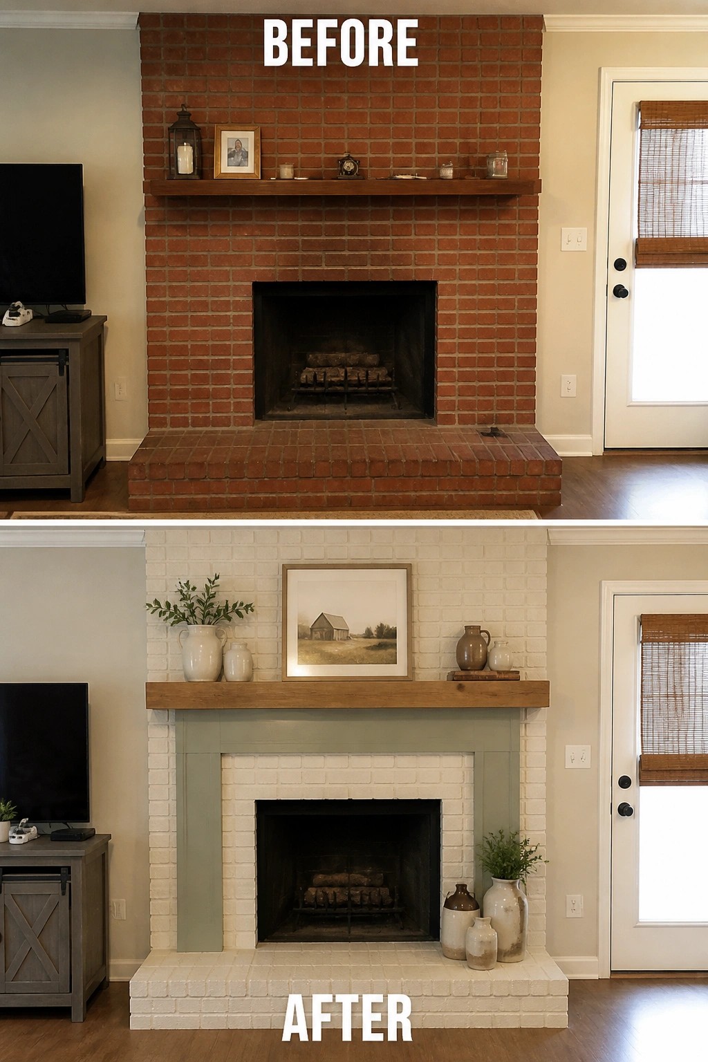 Before and after of red brick fireplace painted white with new mantel and decor.