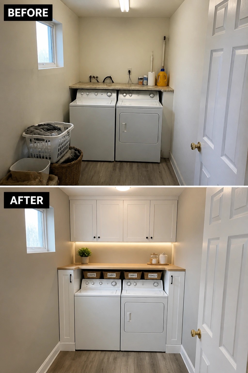 Before and after laundry room with white cabinets, countertop, and labeled storage baskets