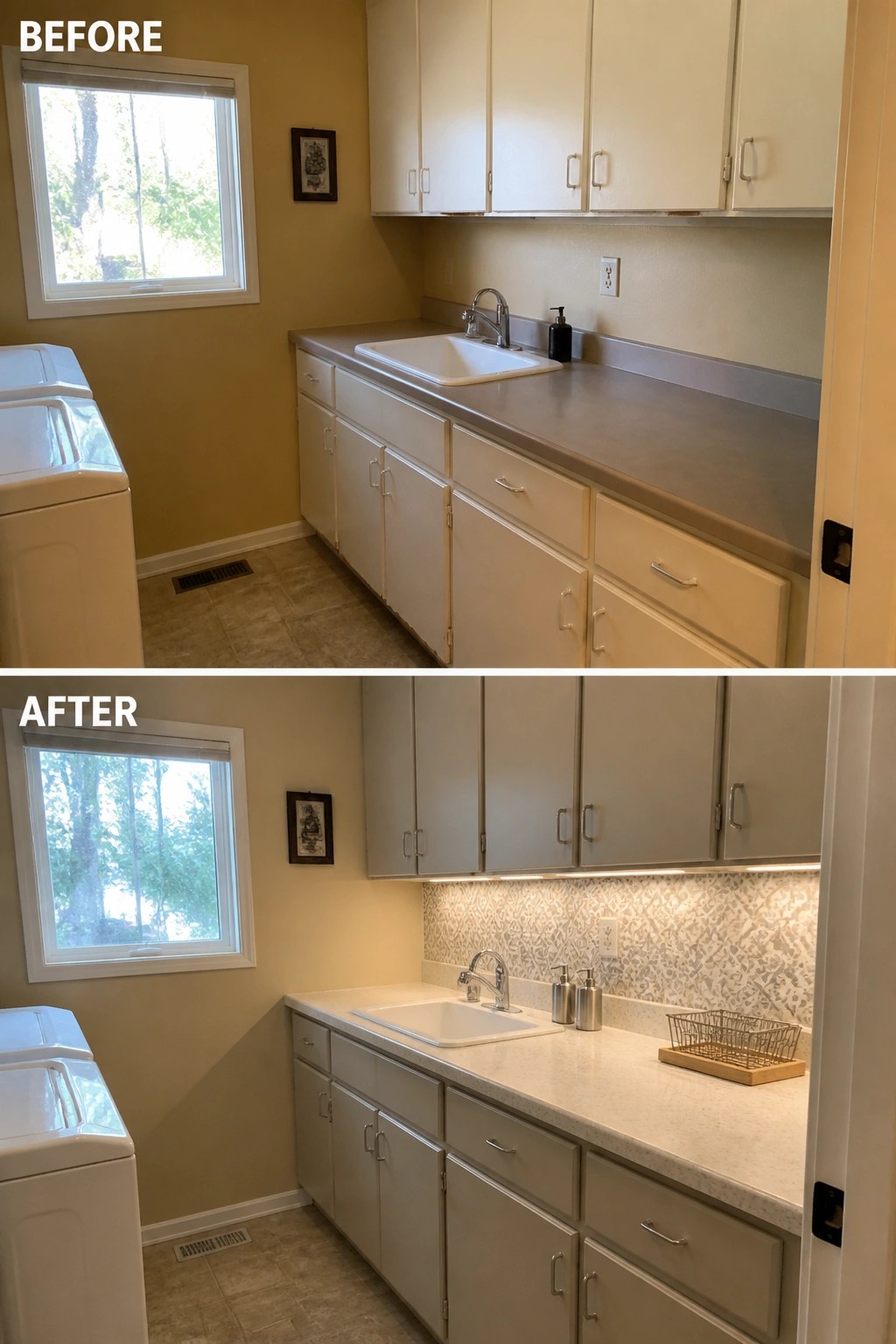 Before and after of laundry room with new gray cabinets, sink and backsplash.