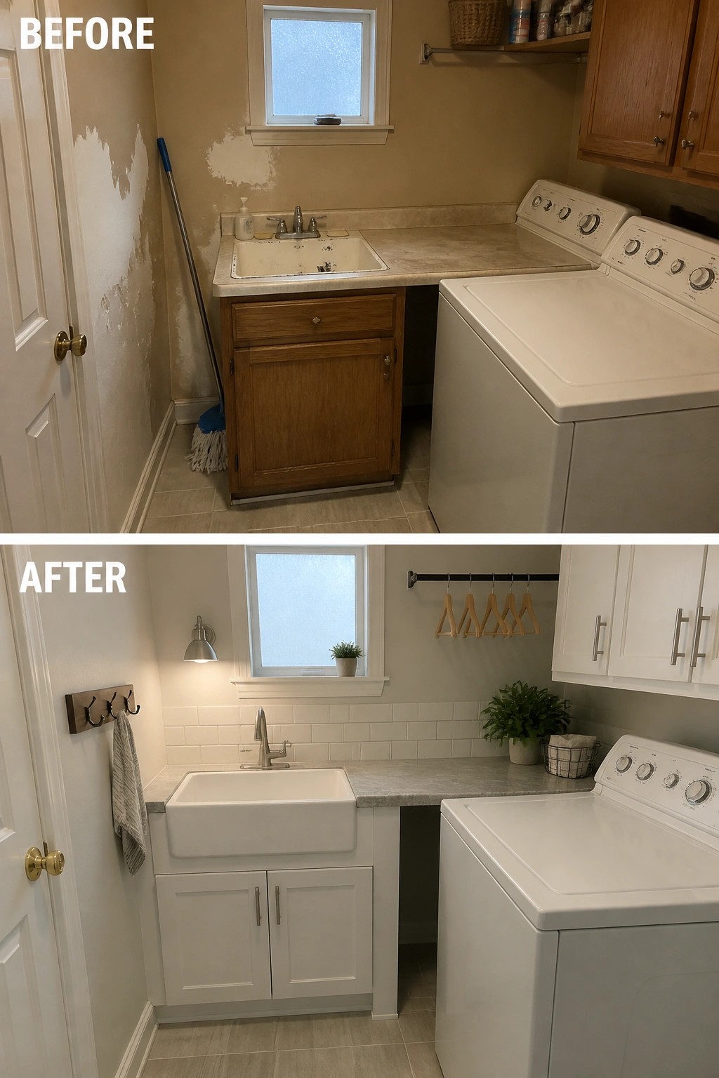 Before-and-after image of a laundry room with dated wooden cabinets and sink updated to white stock cabinets, a farmhouse sink, and new laminate counter.