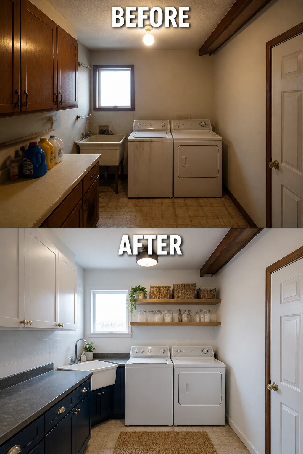 Before-and-after image of a laundry room with old brown cabinets and beige counter changed to white upper cabinets, navy lower cabinets, and a dark laminate countertop.