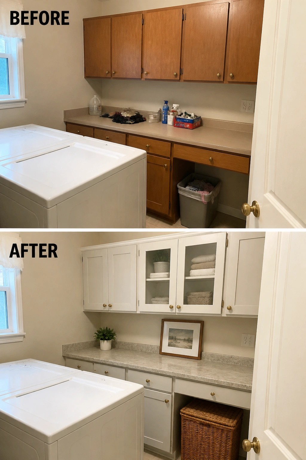 Before-and-after image of a laundry room with wooden cabinets and clutter updated to white stock cabinets with glass doors and organized storage.