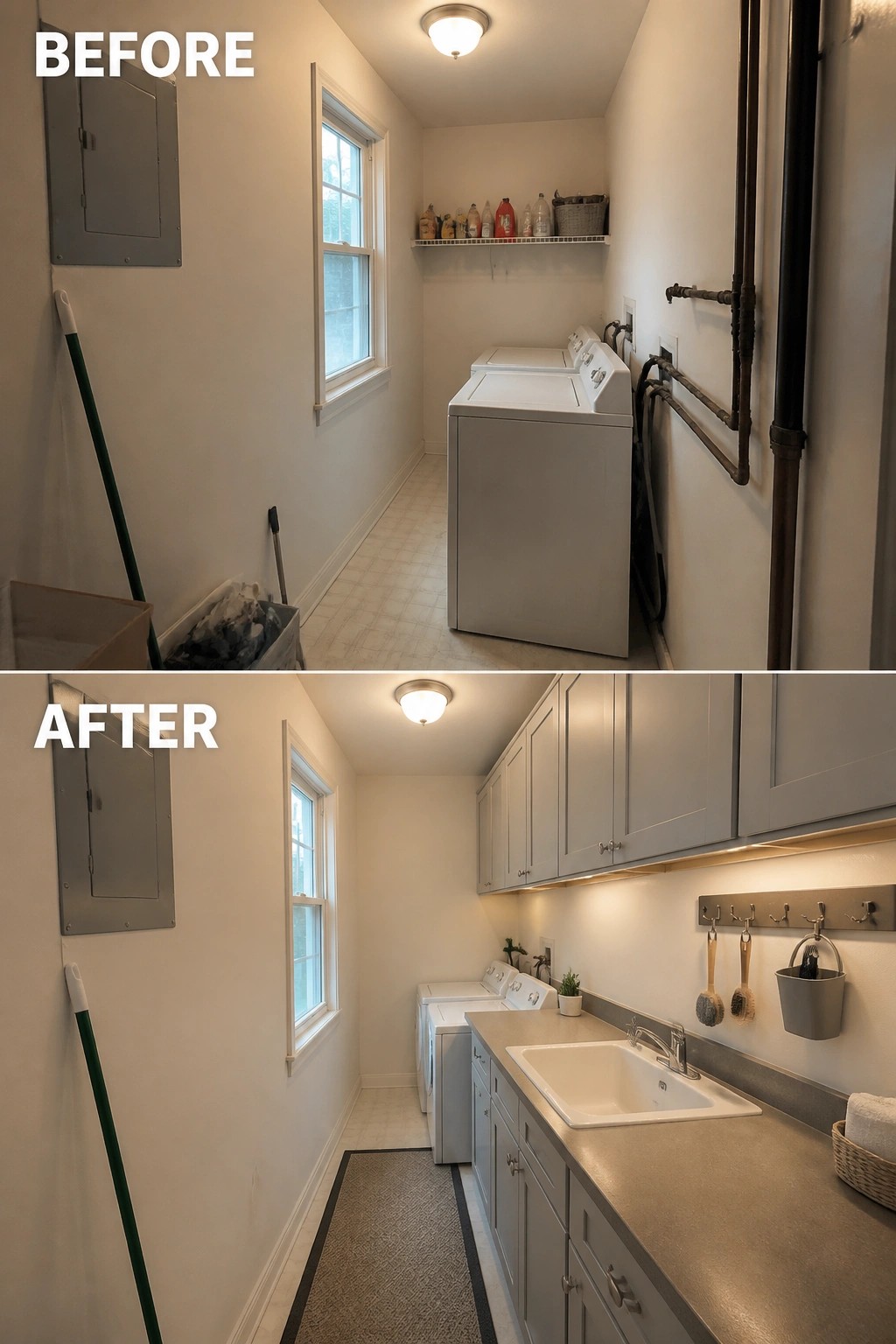 Before-and-after image of a basic laundry room updated with gray stock cabinets, a laminate countertop, and a utility sink.
