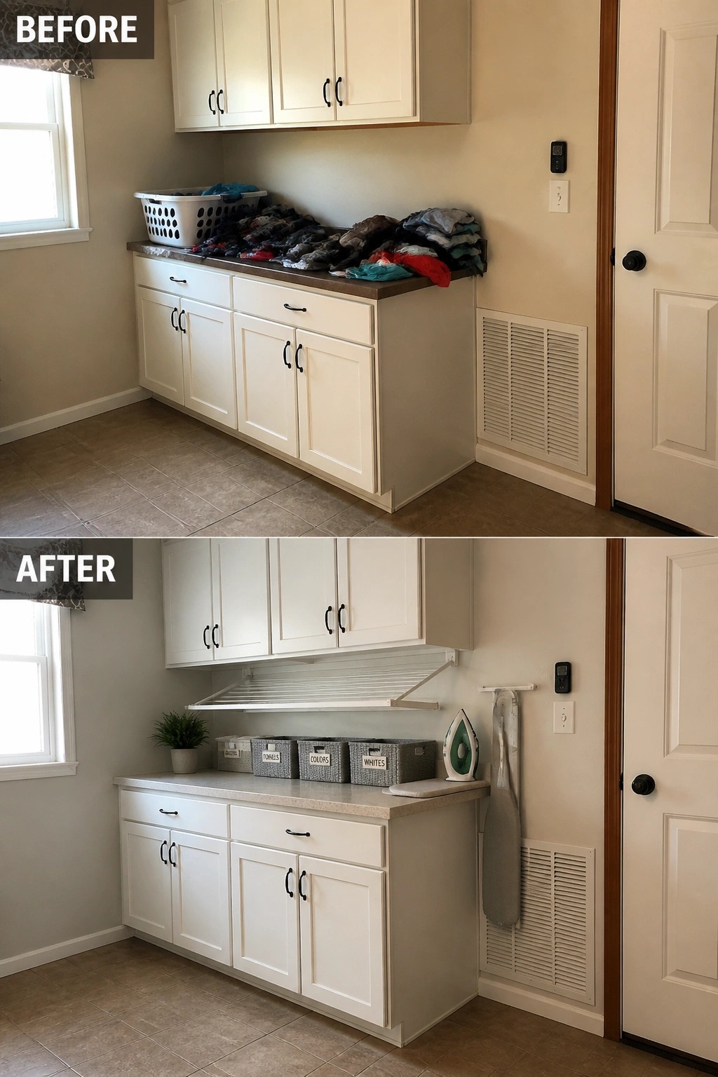 Before-and-after image of a laundry room showing a cluttered counter changed into an organized workspace with stock cabinets, a laminate counter, labeled bins, and a pull-down drying rack.