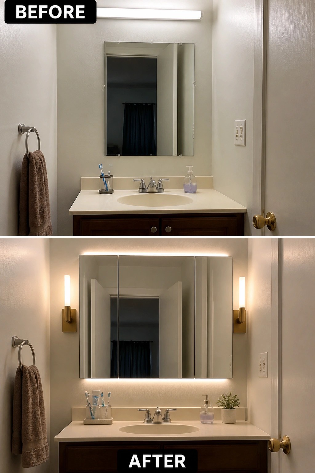 Before-and-after bathroom vanity with new side lights, mirror cabinet, and decor