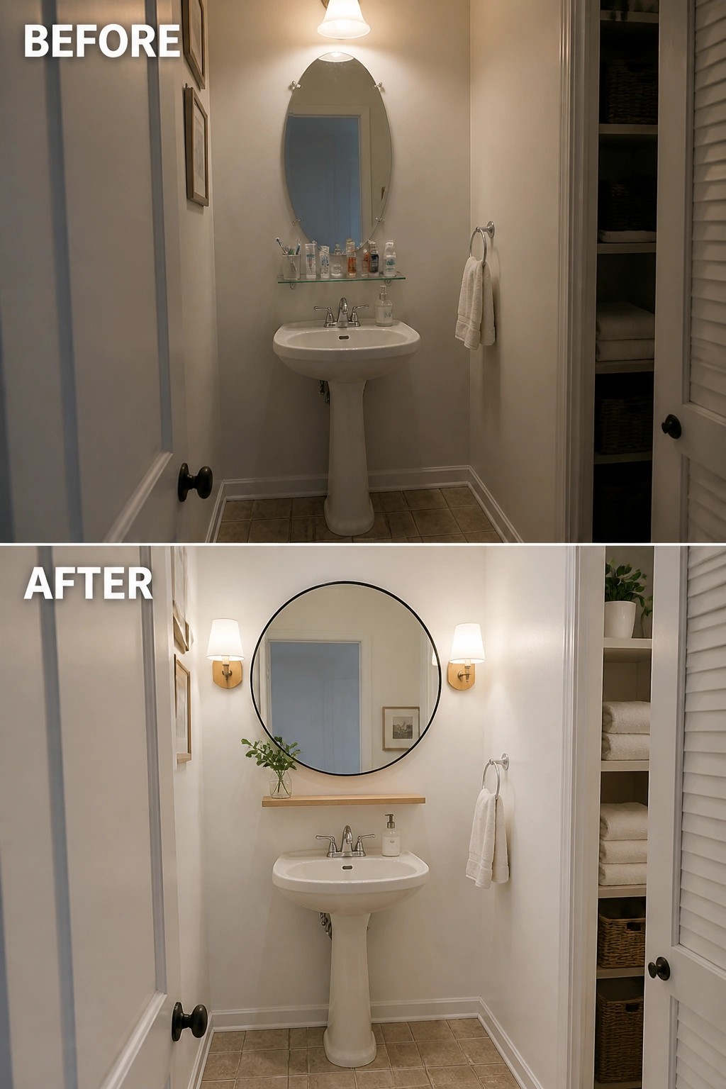 Before and after of narrow white bathroom with pedestal sink and round mirror.