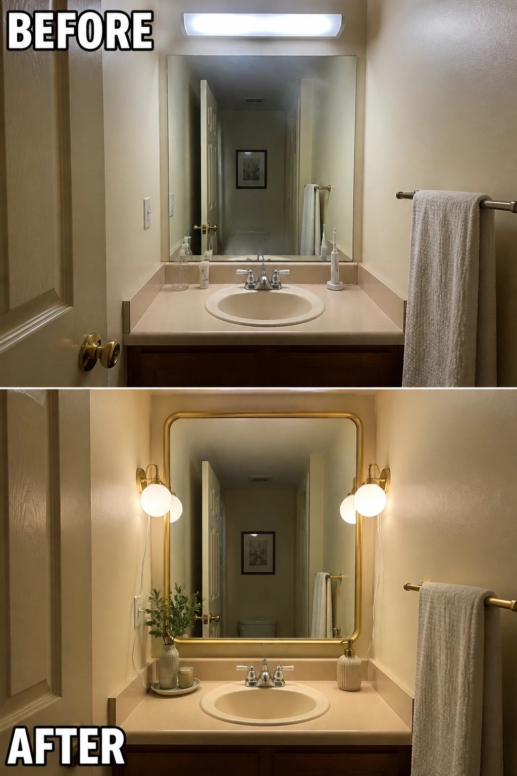Before-and-after image of a bathroom vanity showing the change from one overhead light to two wall sconces beside the mirror.