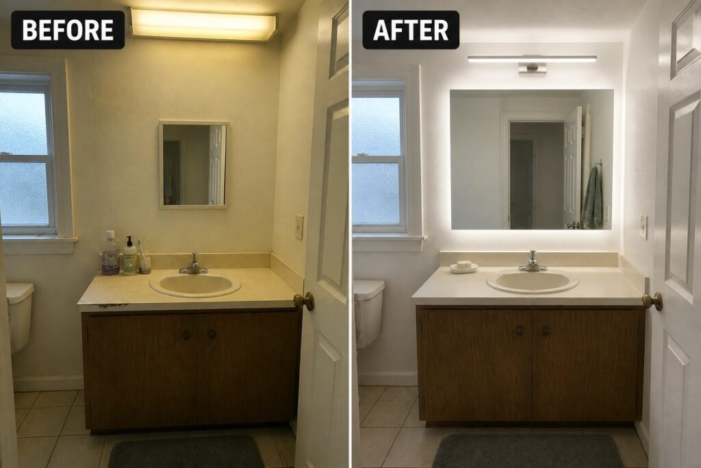 Before-and-after image of a small bathroom with a basic mirror and light changed to a large backlit mirror spanning the vanity.