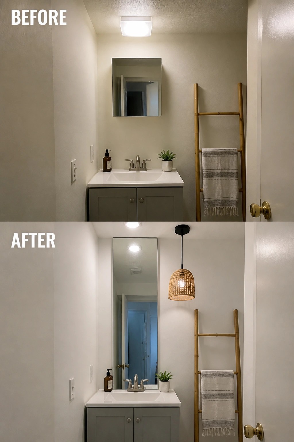Before and after of renovated bathroom with tall mirror and woven pendant light