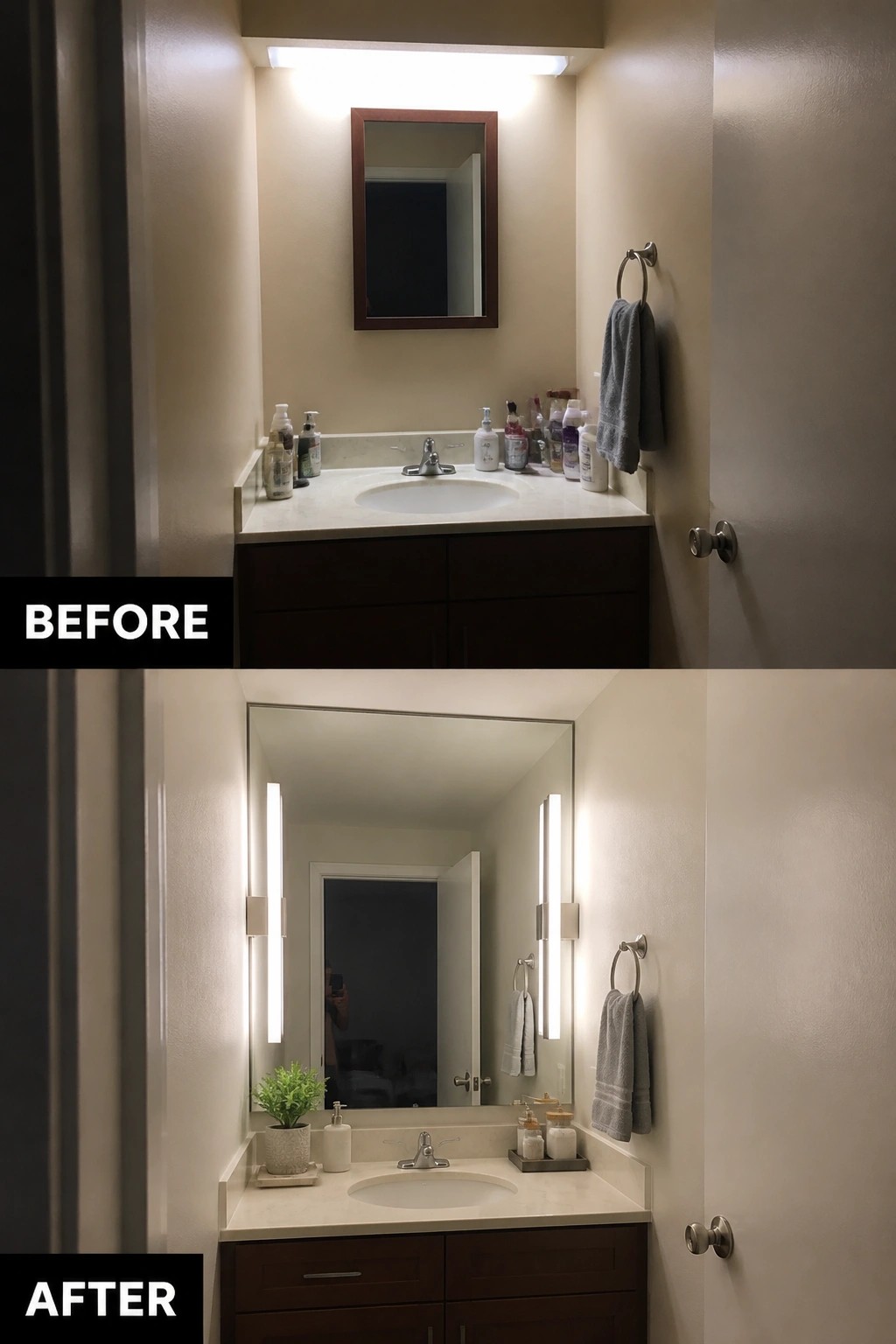 Before and after bathroom vanity with updated large mirror, lights, and decor.