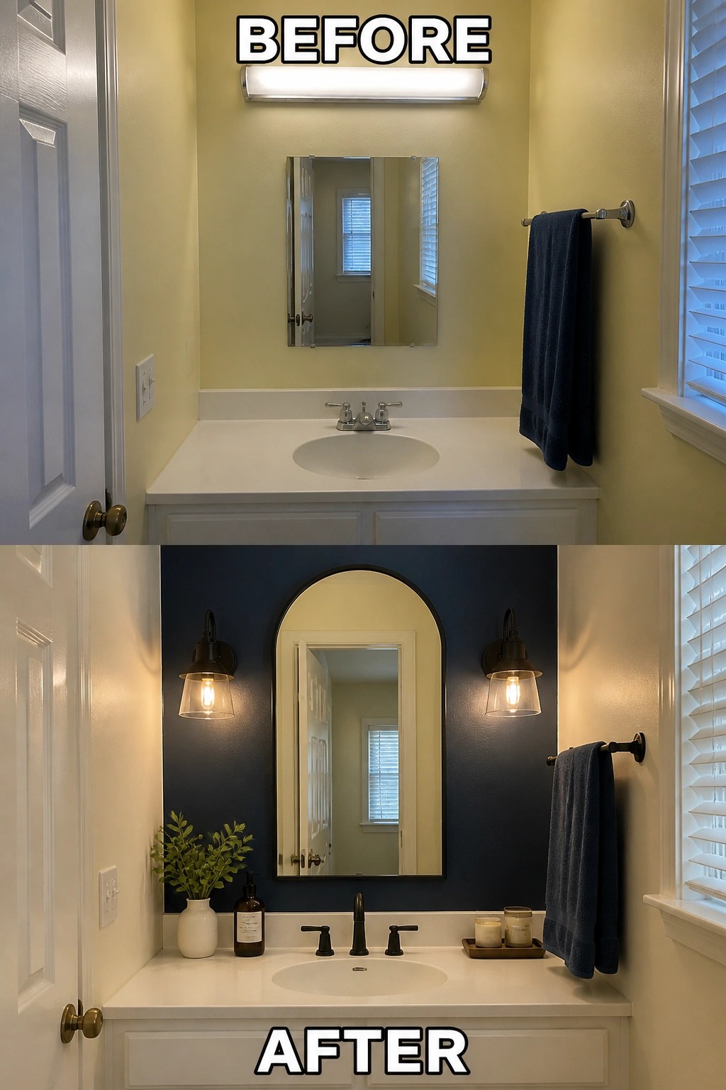 Before and after bathroom with yellow walls transformed to dark blue accent and arched mirror