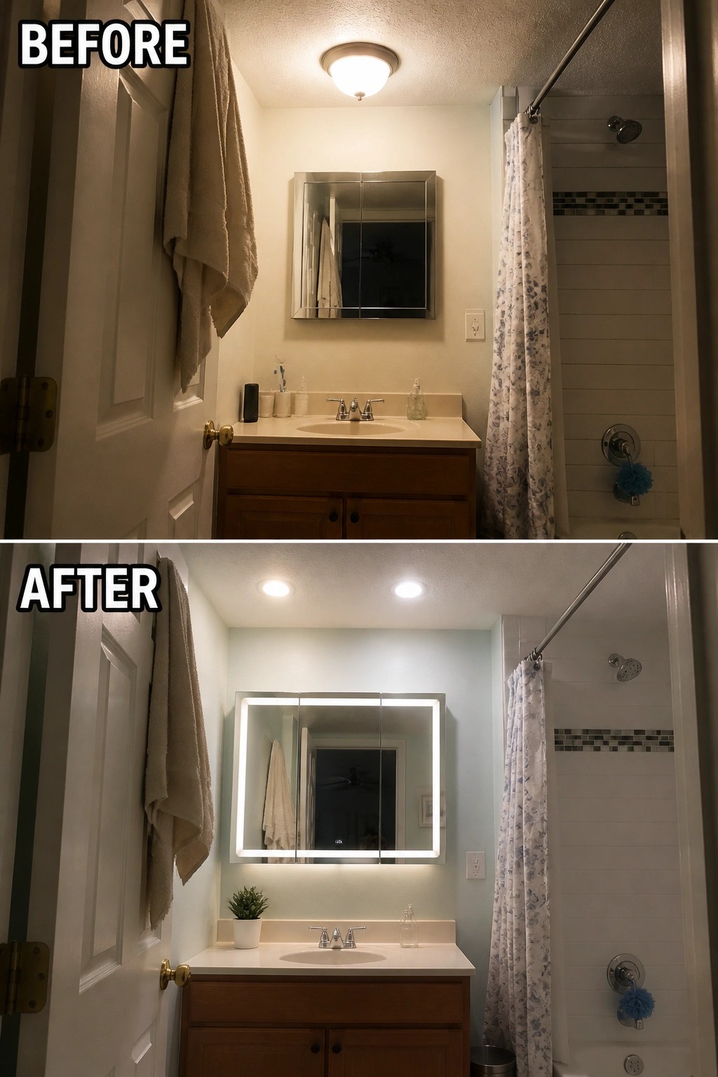 Before and after bathroom renovation with new backlit mirror, lights, and paint color.