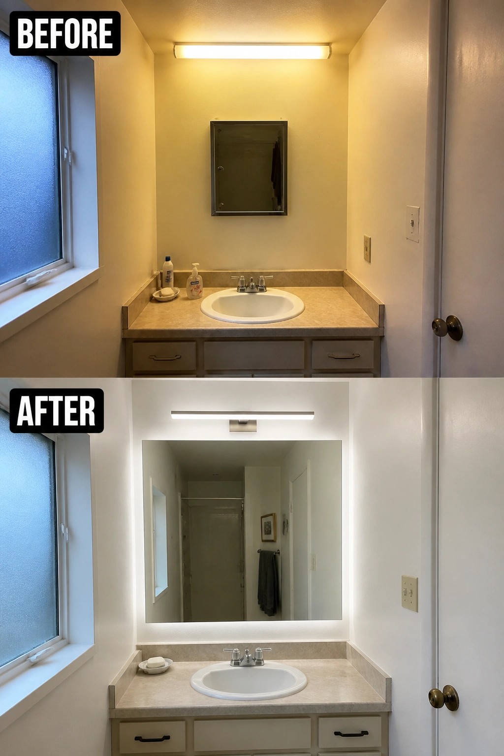 Before-and-after image of a small bathroom with a basic mirror and light changed to a large backlit mirror spanning the vanity.