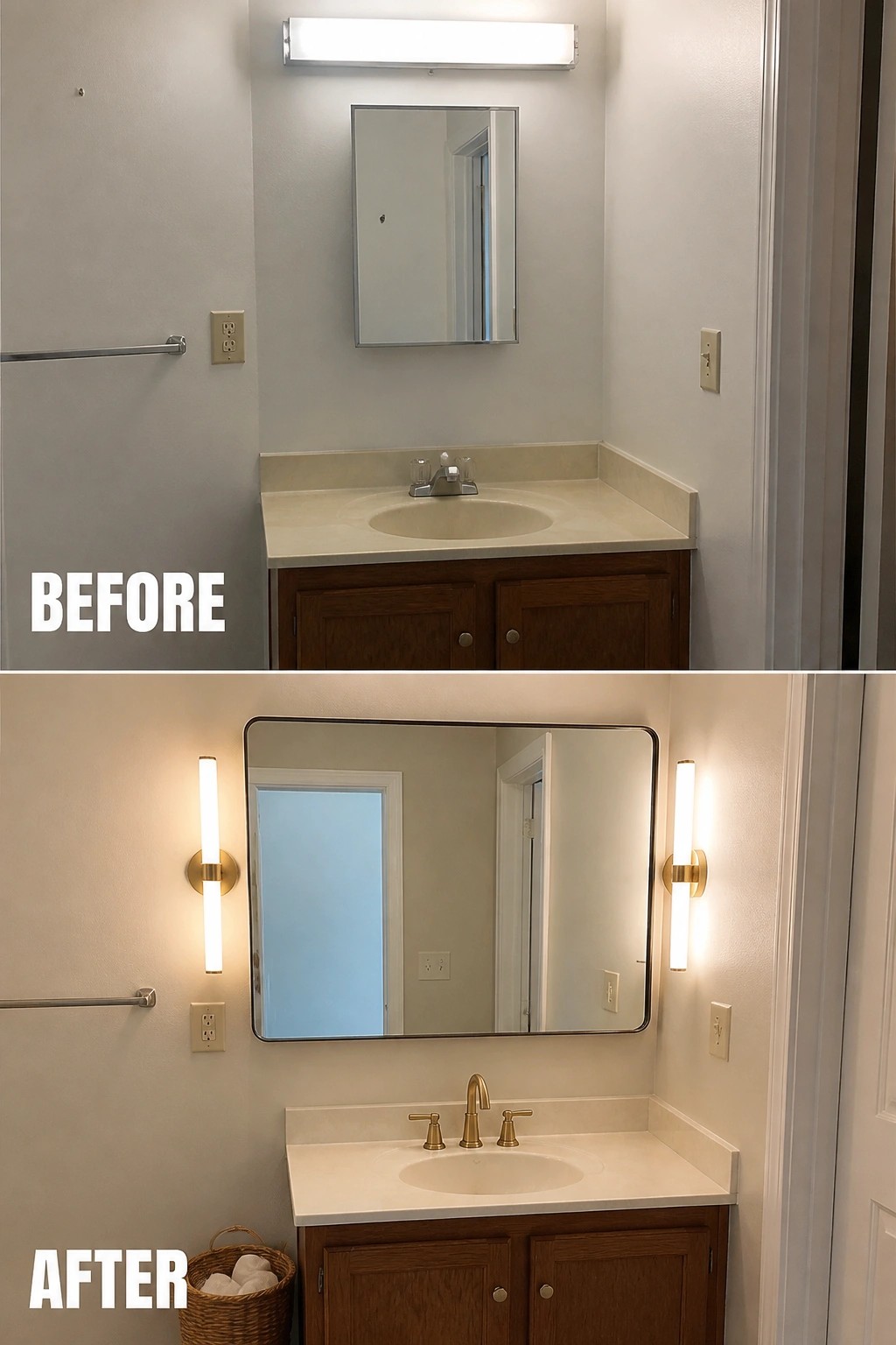 Before and after bathroom vanity with new mirror, sconces, and gold faucet