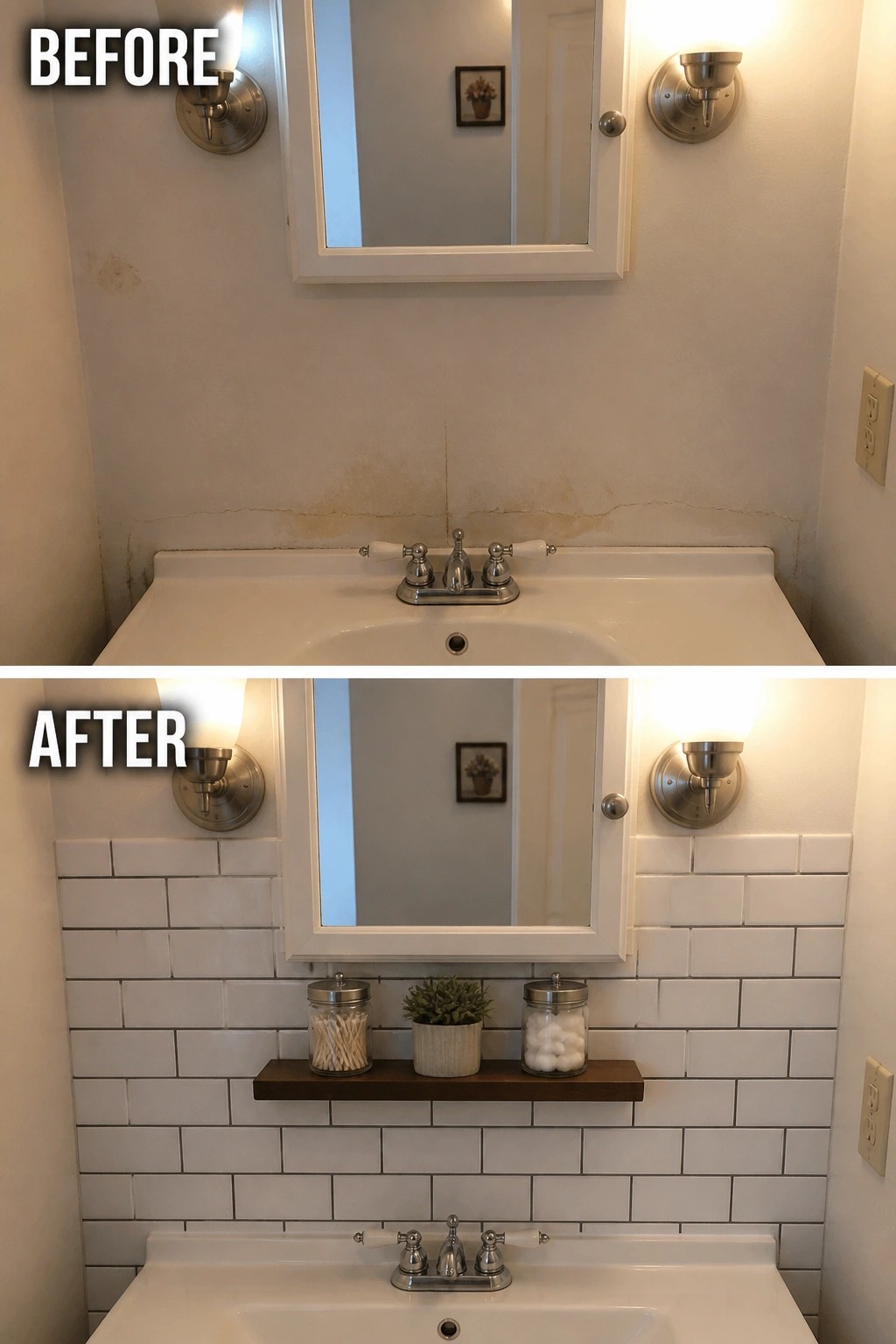 Before-and-after image of a bathroom vanity updated with white subway tile on the wall and a narrow wooden shelf.
