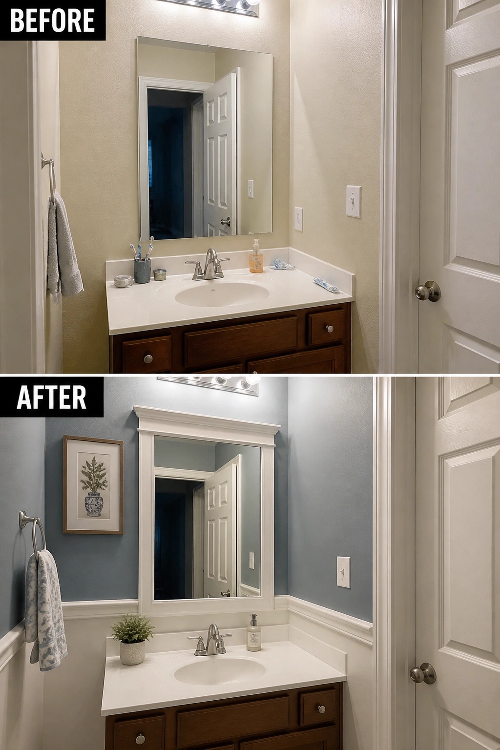 Before-and-after image of a small bathroom with beige walls changed to blue paint and white wainscoting added around the mirror and lower walls.