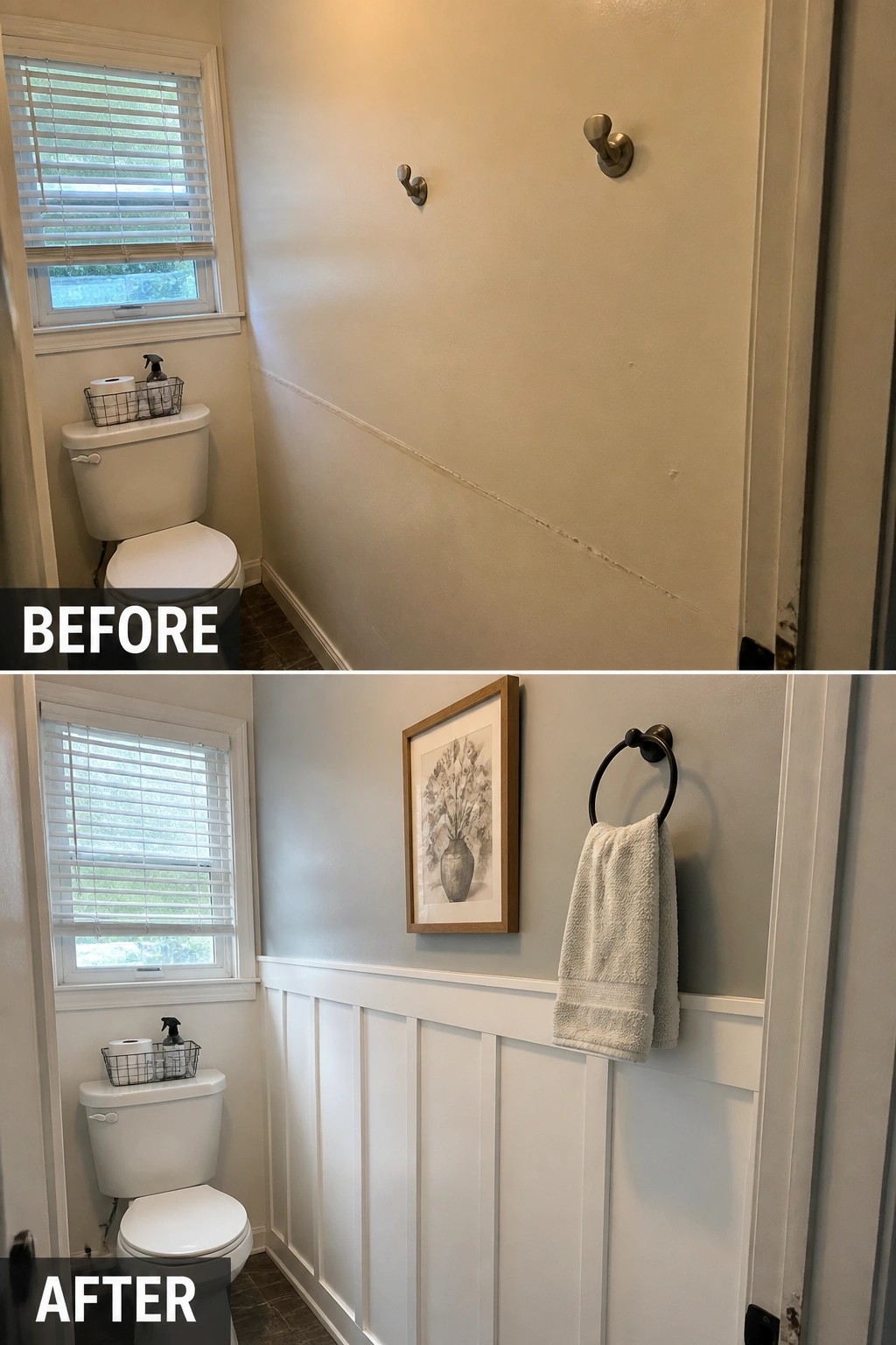 Before and after bathroom wall with wainscoting, framed art, and towel ring.