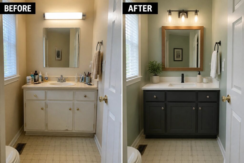 21 Budget Small Bathroom Remodel Ideas Without Changing the Existing Footprint Before-and-after image of a small bathroom showing the vanity painted dark gray, a new framed mirror, and updated lighting.
