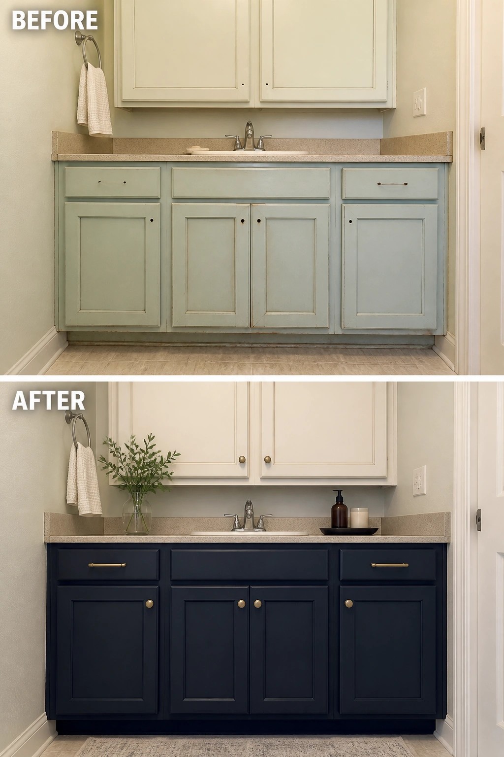 Before and after bathroom vanity with cabinets repainted from light green to navy blue.
