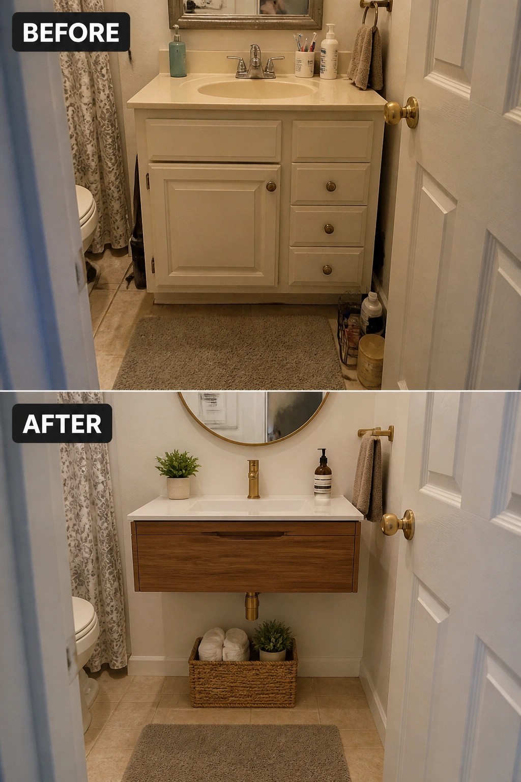 Before-and-after image of a small bathroom showing a traditional floor cabinet vanity replaced with a wall-mounted floating vanity.