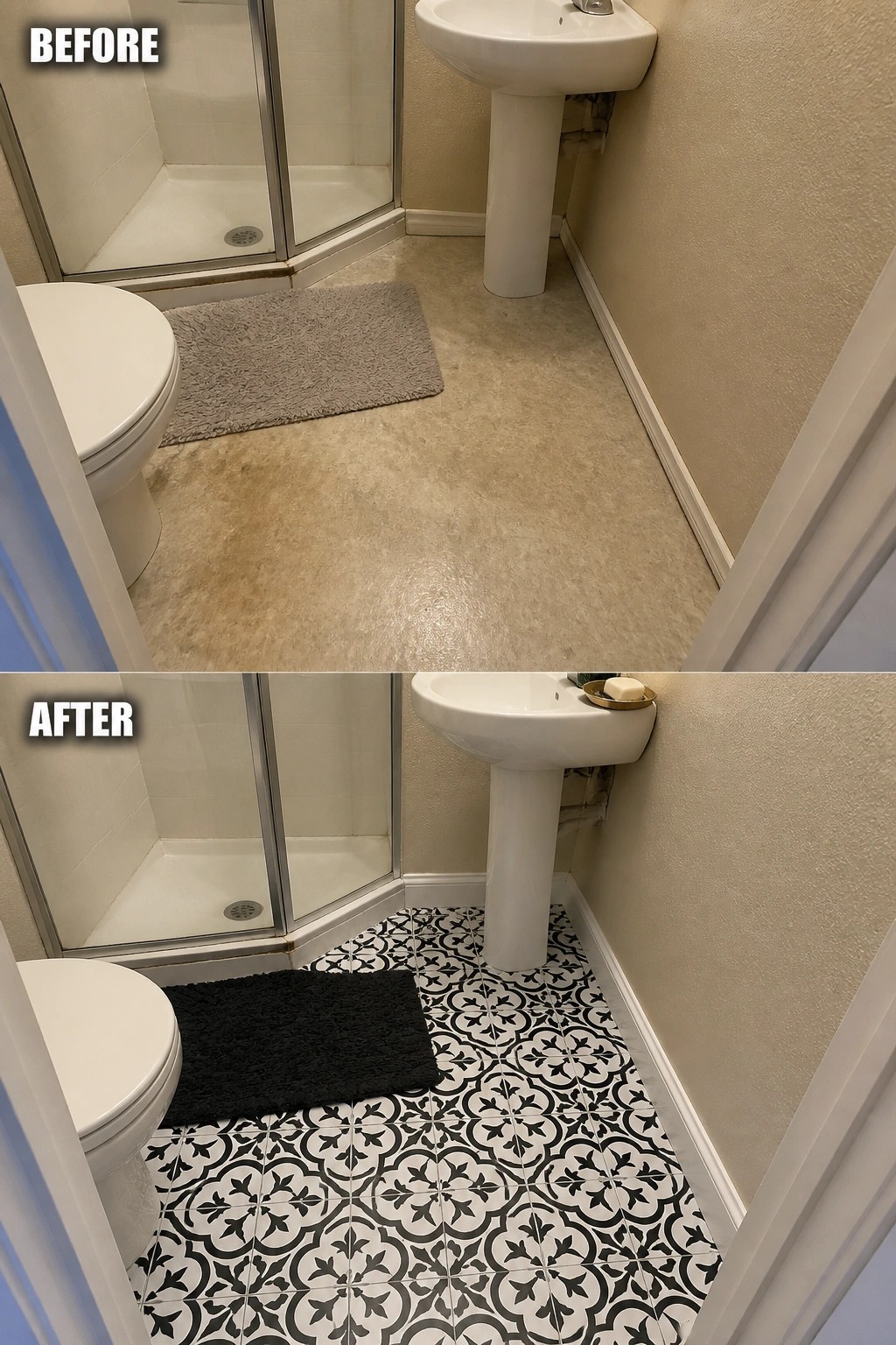 Bathroom before and after: beige floor replaced by black-white patterned tiles and black rug.