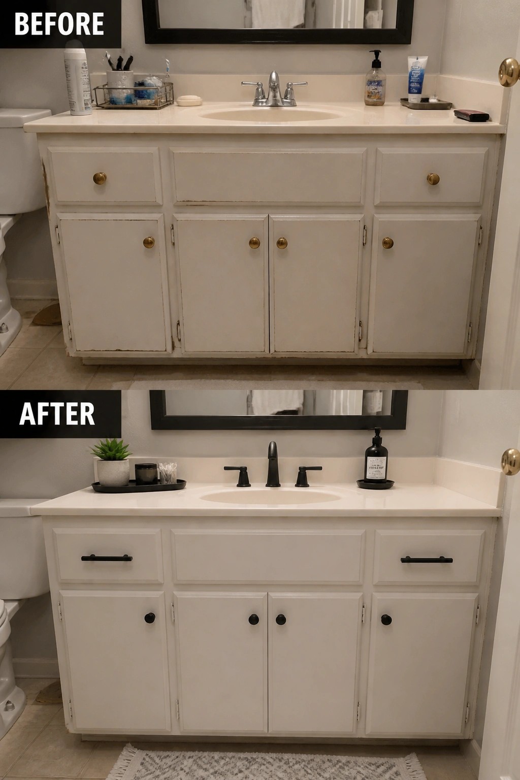 Before and after of white bathroom vanity with gold-to-black hardware update and modern accessories.