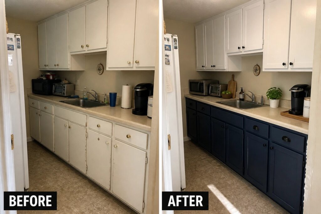 21 Budget Small Kitchen Remodel Ideas Without Changing the Existing Layout Before and after views of narrow kitchen with white and blue cabinets.