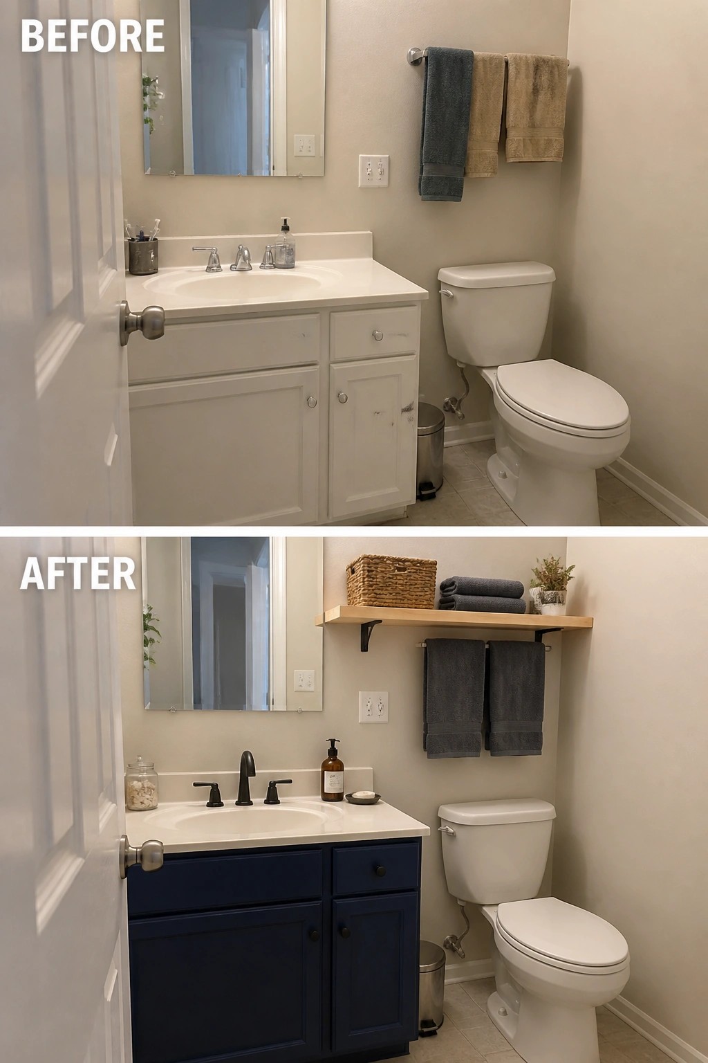Before and after bathroom remodel with white to navy blue vanity.