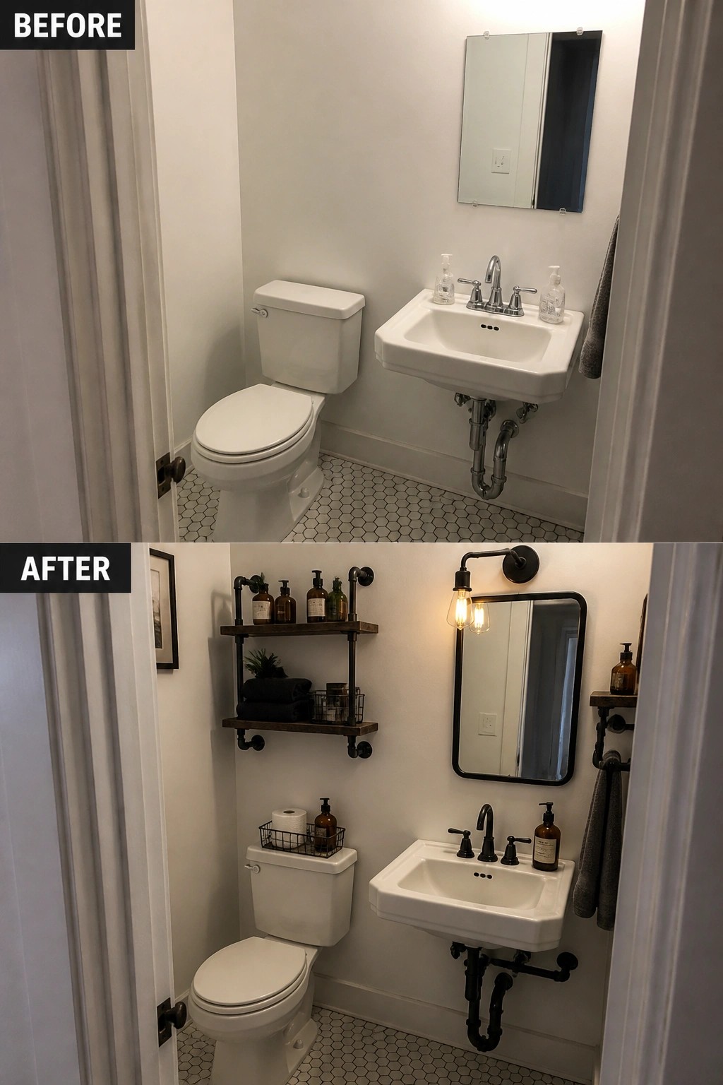 Before-and-after views of a compact bathroom with industrial black accents and shelves.