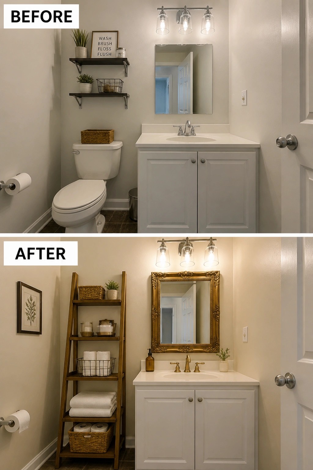 Before and after bathroom with gray vanity, gold mirror, and wooden ladder shelf