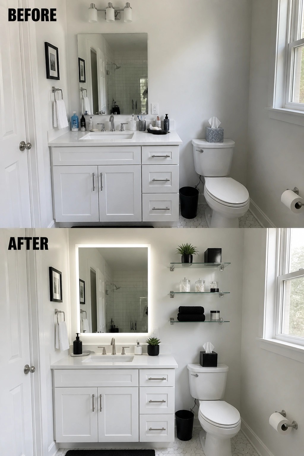 Before-and-after image of a bathroom updated with a backlit mirror and glass floating shelves.