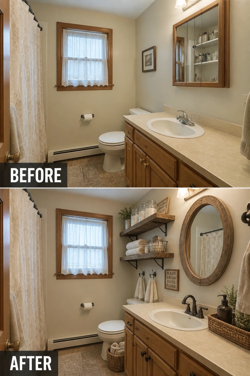 Before-and-after image of a bathroom updated with open wooden shelving, a round mirror, and wall hooks.