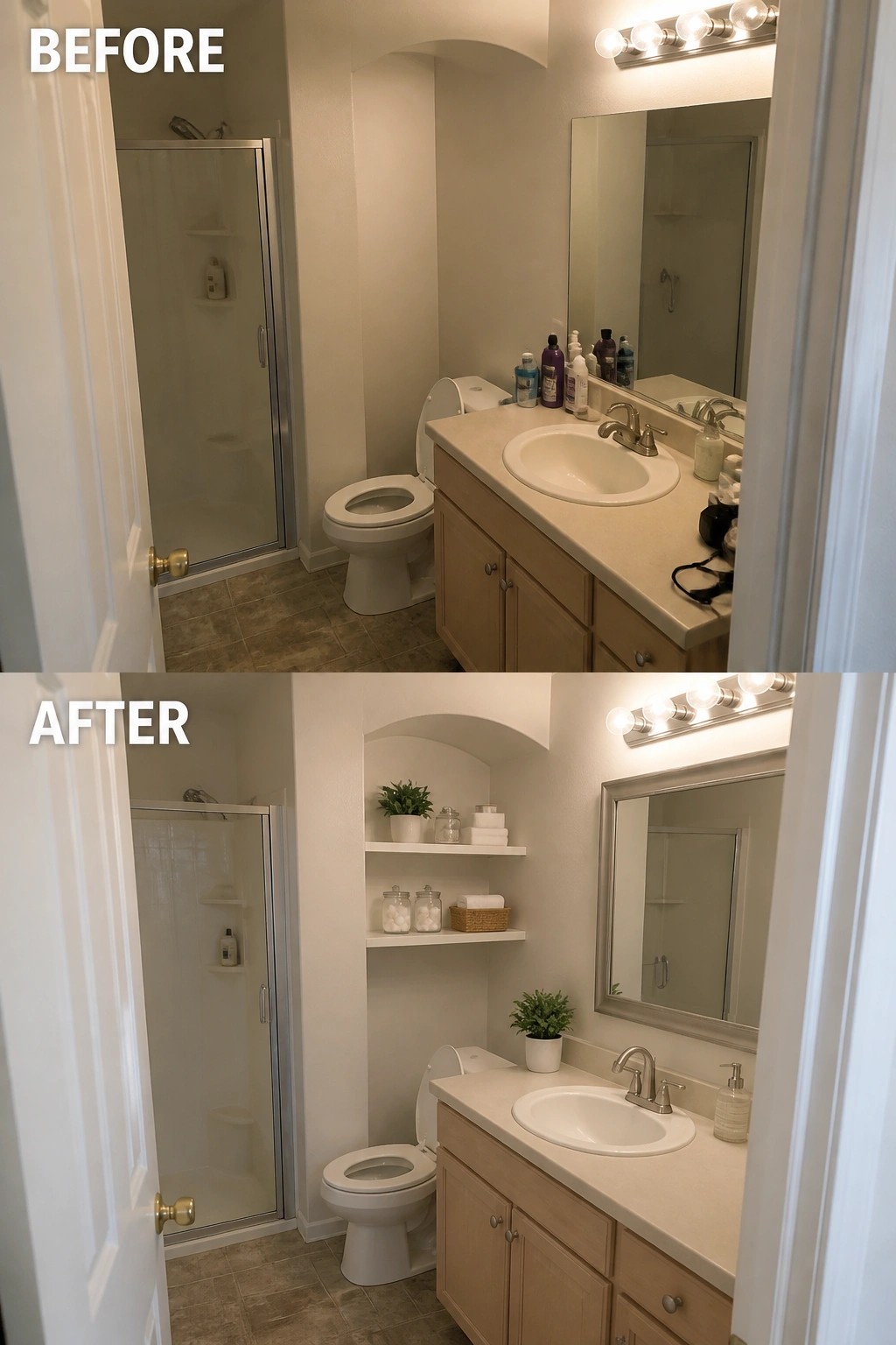 Before-and-after image of a bathroom showing a recessed niche above the toilet converted into open shelving with plants, towels, and jars, along with a decluttered vanity.