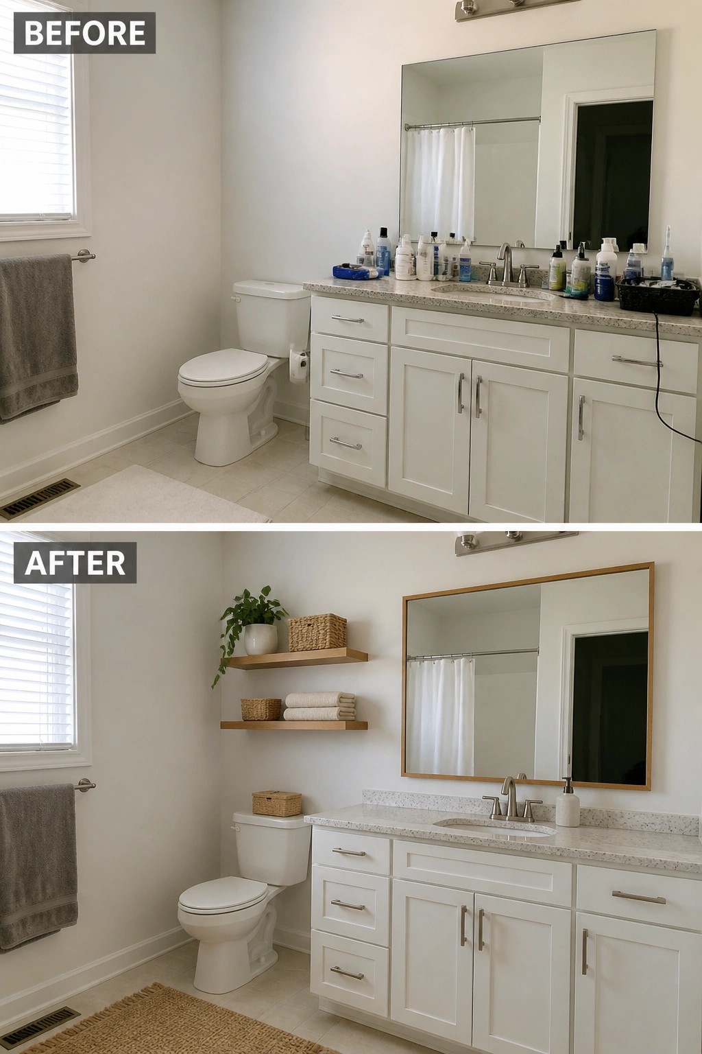 Before and after bathroom remodel with decluttered vanity and added wooden shelves.