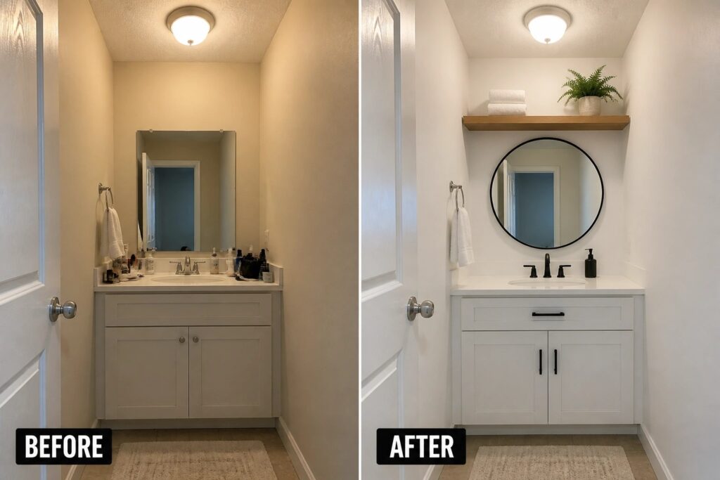 Before and after bathroom remodel with round mirror, shelf, and black fixtures.