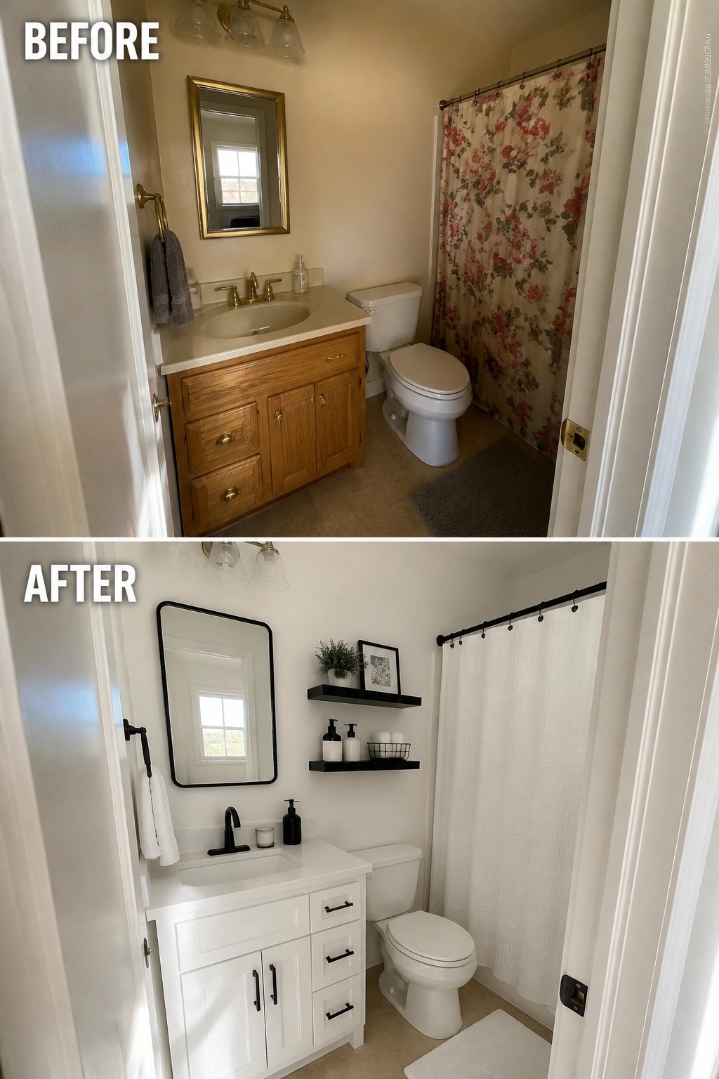 Before and after bathroom remodel with white vanity replacing wooden one and black accents