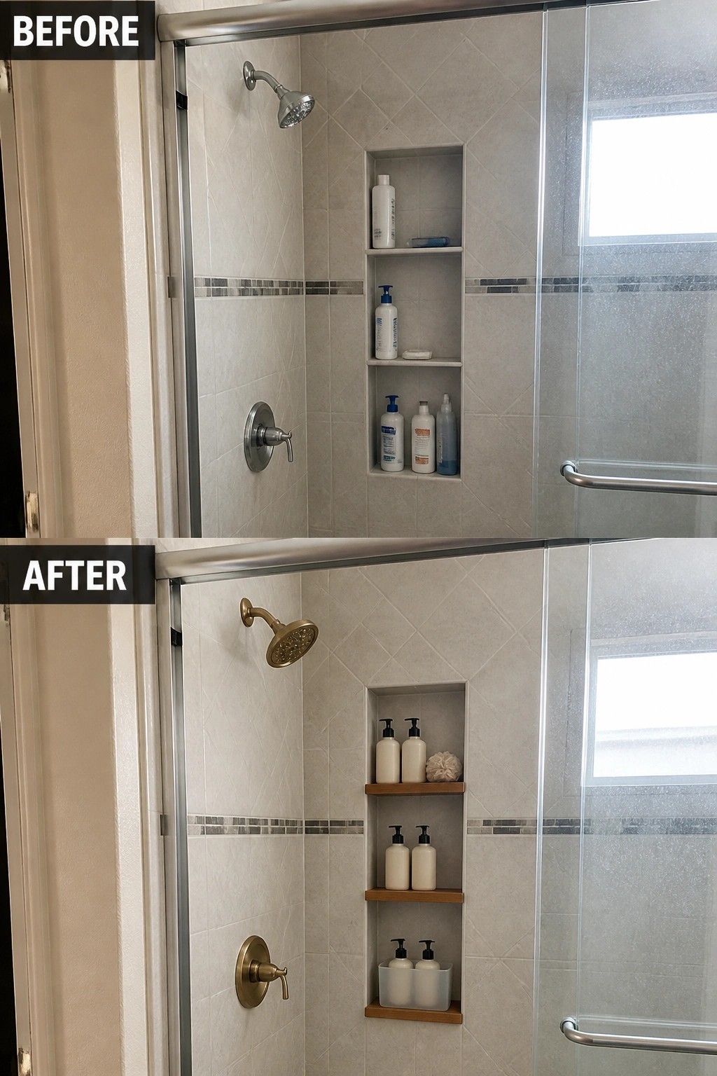 Before-and-after image of a shower with updated gold hardware and added wooden open shelves inside the niche.