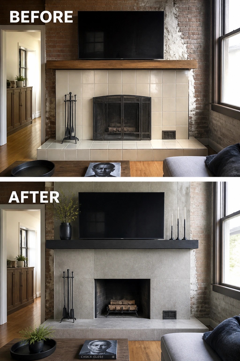 Before and after of fireplace with TV above mantel in living room.