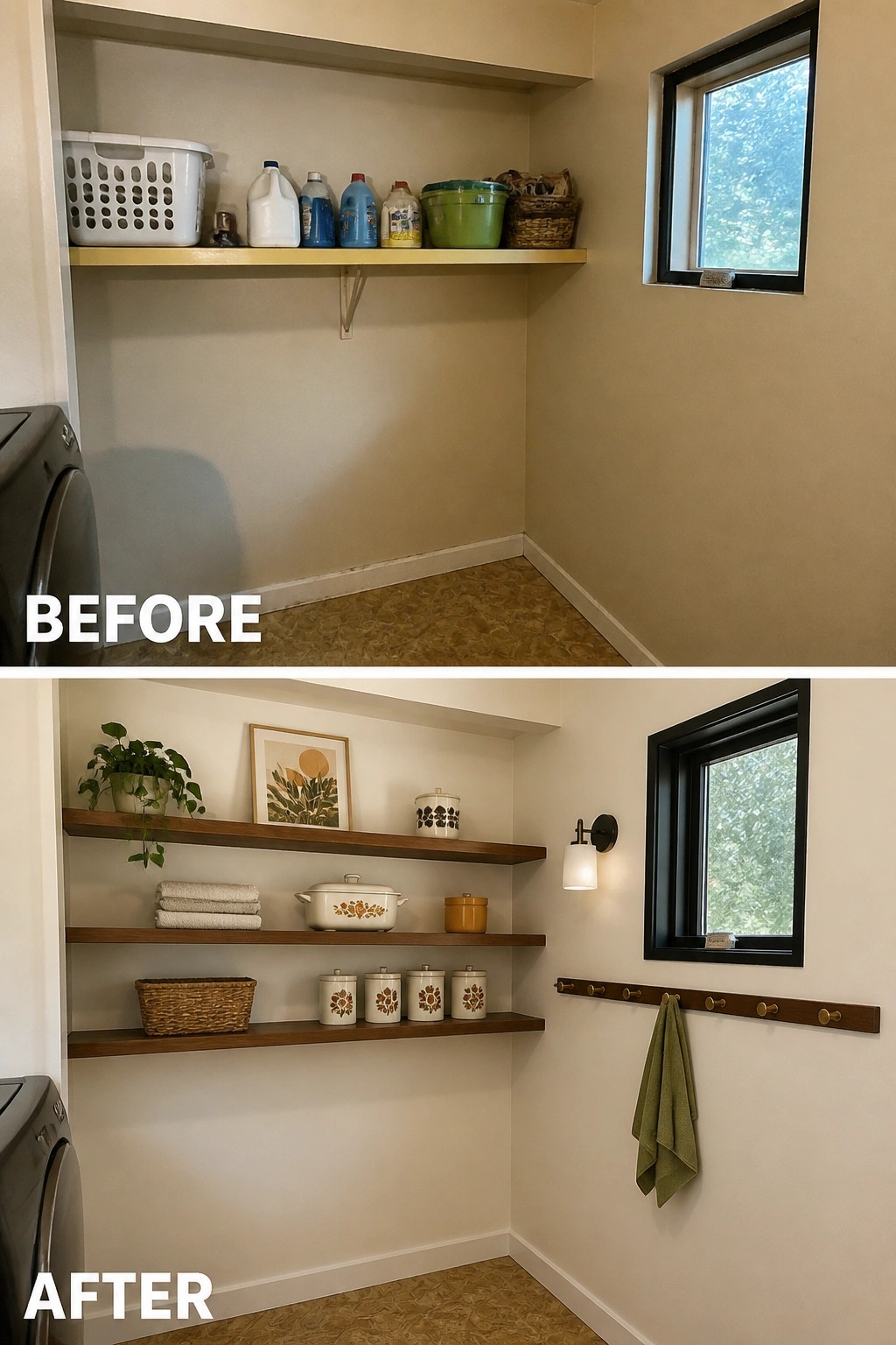 Before and after of cluttered laundry nook transformed with wooden shelves and decor