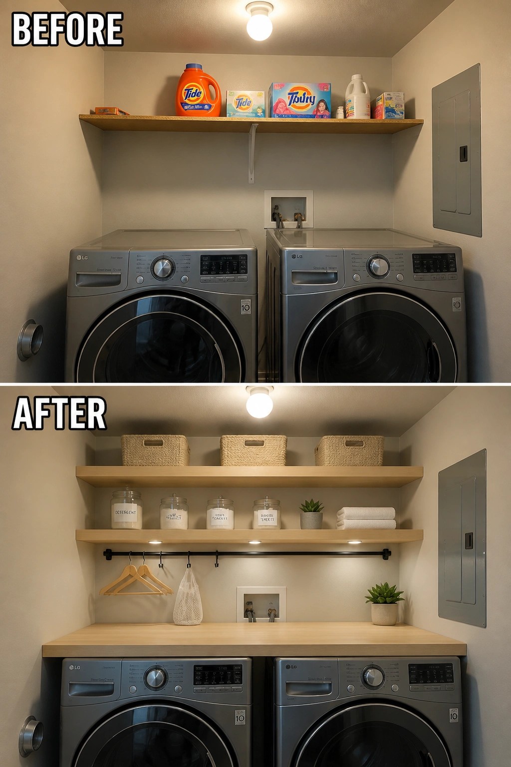 Before and after laundry room with gray LG washers and organized wooden shelves