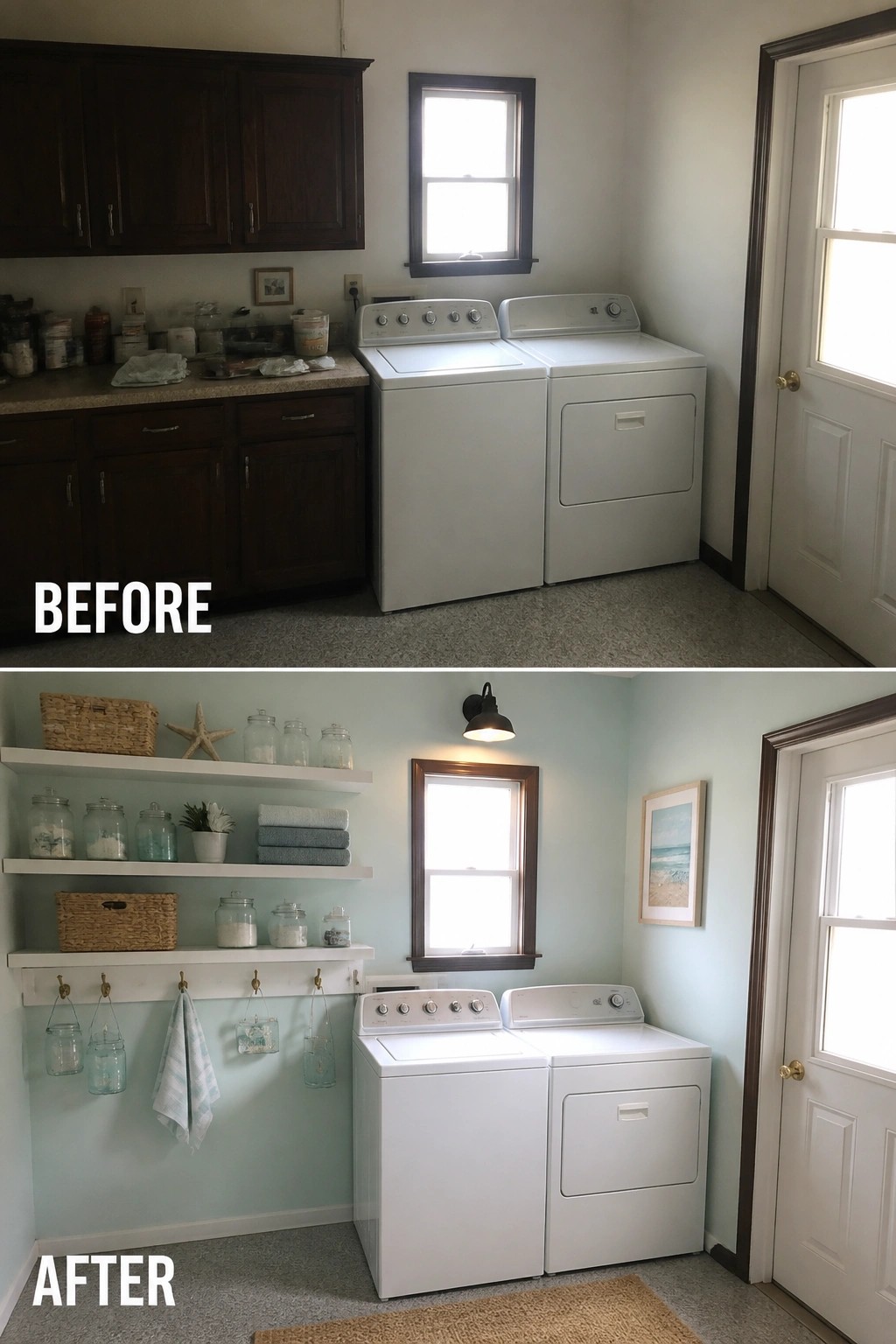 Before and after laundry room with white washer, dryer, shelves, and light blue walls.